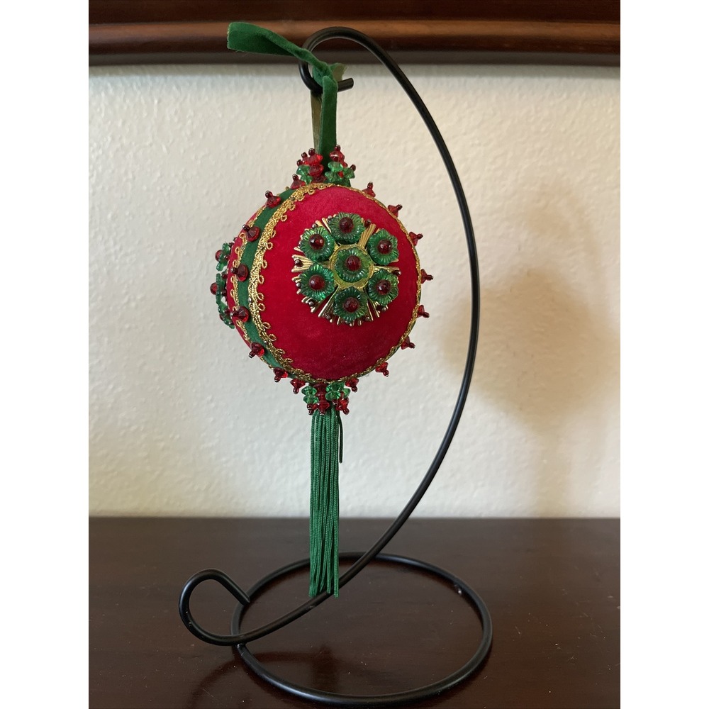 Vintage Bead Sequin Push Pin‎ Christmas Tree Ornament Red Green Velvet Completed